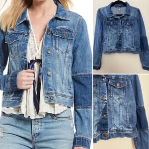 Free People Retro Funky Rare‎ Colorblock Rumors Relaxed Denim Jean Jacket S